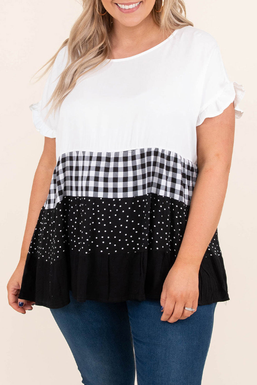 Plaid Dot Ruffled Babydoll Top