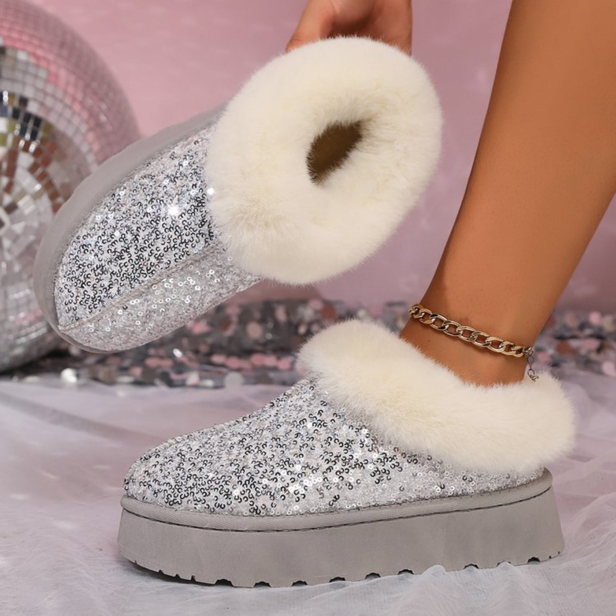 Plush Trim Sequin Platform Slip-ons