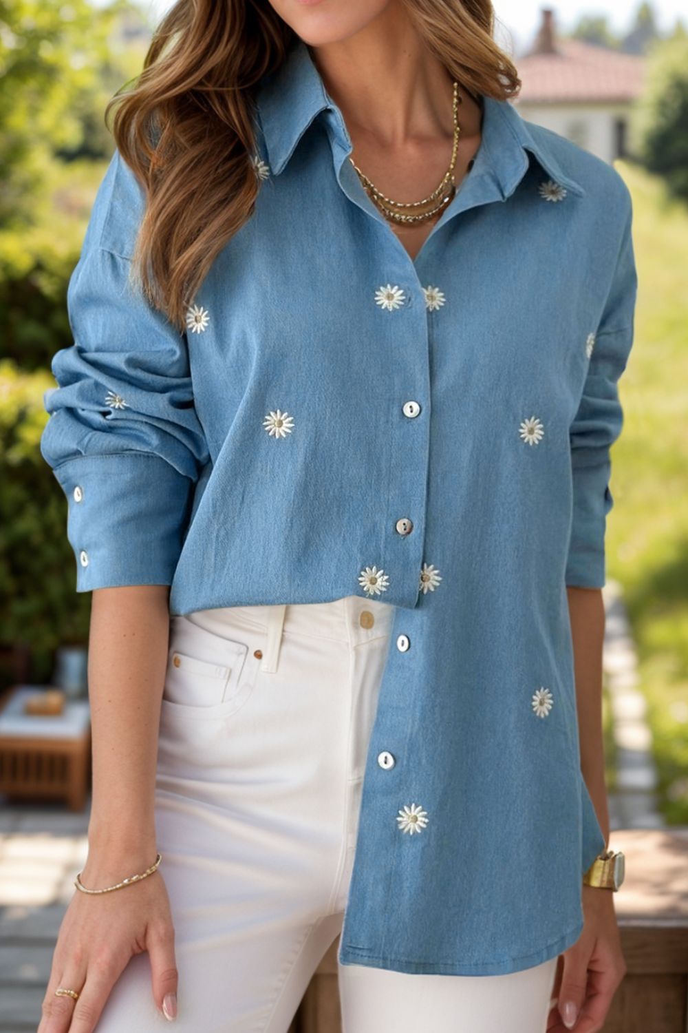 Embroidered Daisy Long Sleeve Shirt