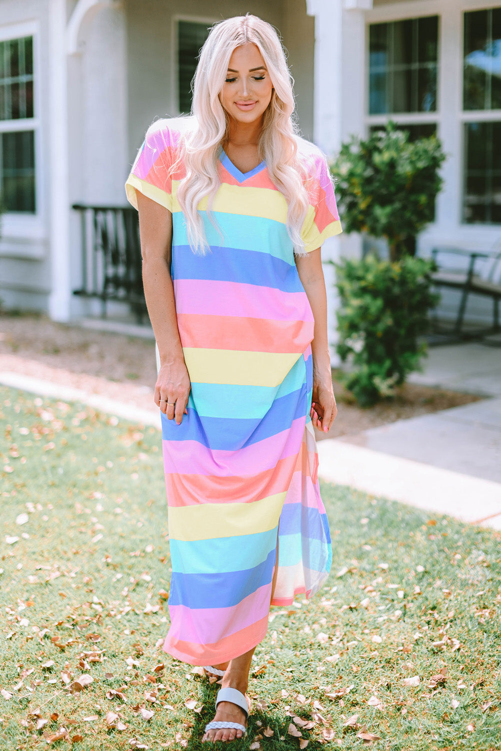 Multicolor Colorblock Pocketed V Neck T-shirt Dress