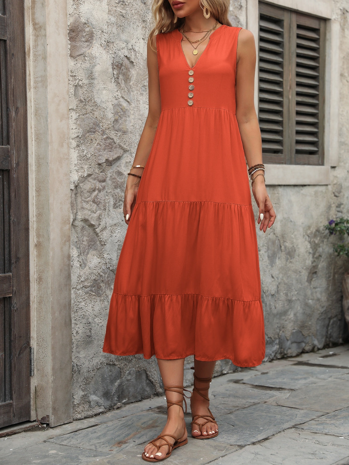 Button Notched Sleeveless Dress