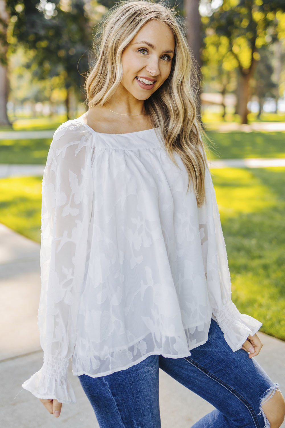 Square Neck Floral Textured Blouse