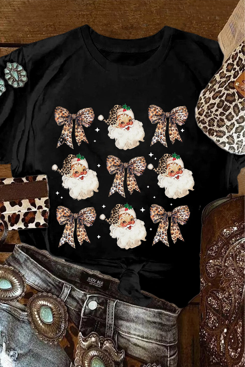 Black Santa Claus Leopard Bow Print Crew Neck Casual T Shirt