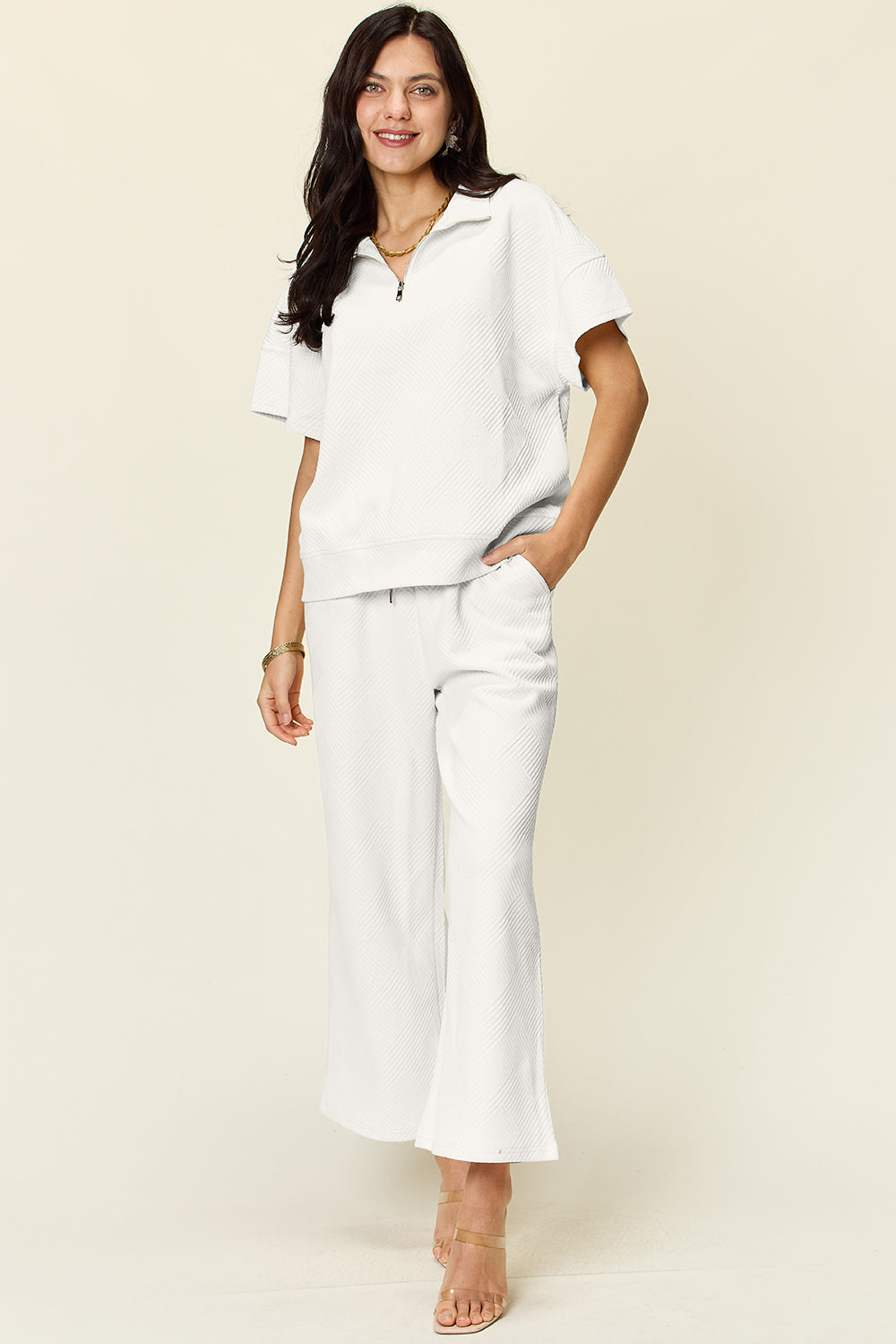 Double Texture Half Zip Short Sleeve Top and Pants Set