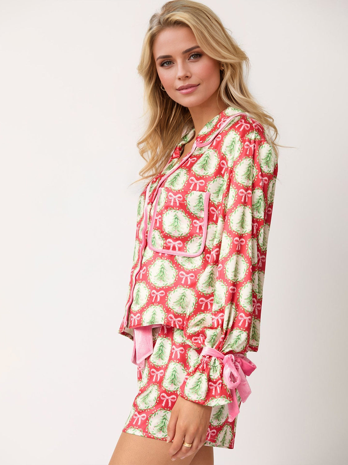 Tied Printed Collared Neck Long Sleeve Pajama Set