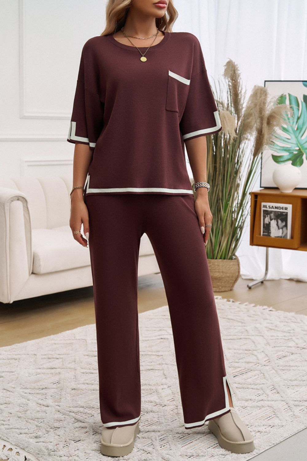 Pocketed Half Sleeve Top and Pants Set