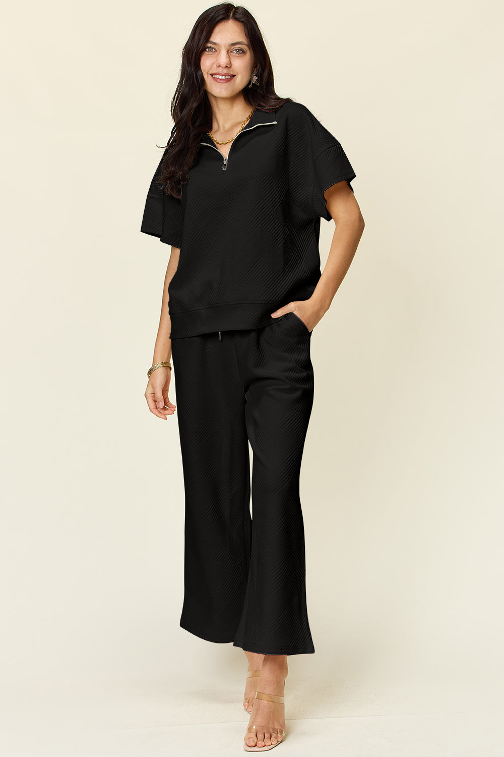 Double Texture Half Zip Short Sleeve Top and Pants Set