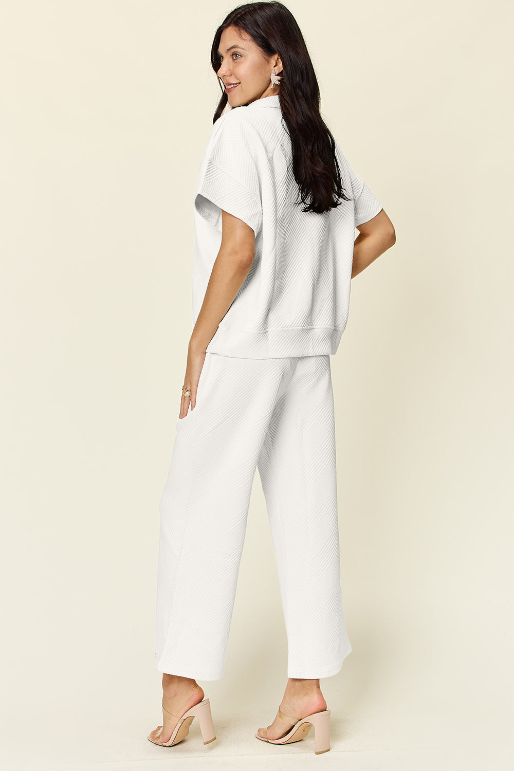 Double Texture Half Zip Short Sleeve Top and Pants Set