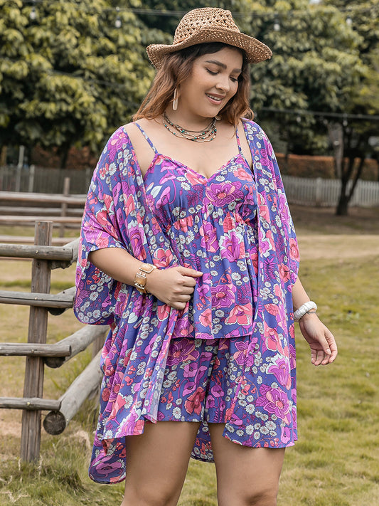 Printed Cami, Open Front Cover Up and Shorts Set