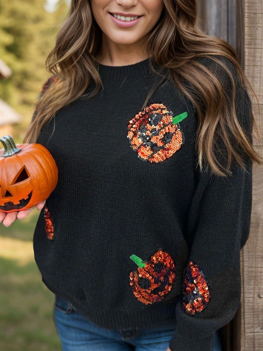 Sequin Pumpkin Round Neck Sweater