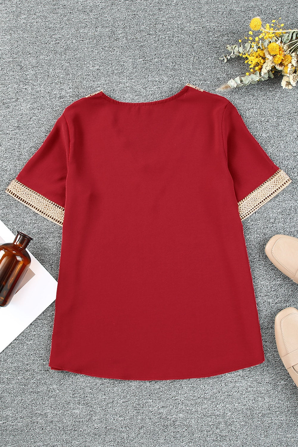 Lace Trim V Neck Short Sleeve Blouse