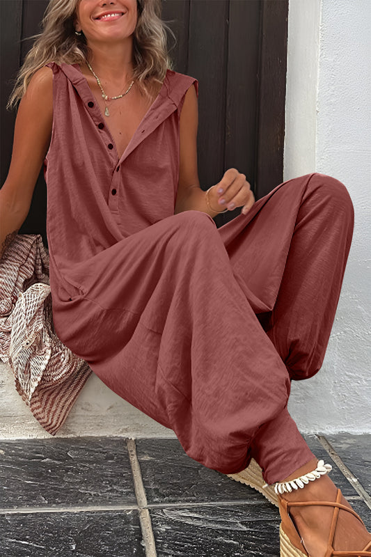 Half Button Sleeveless Jumpsuit