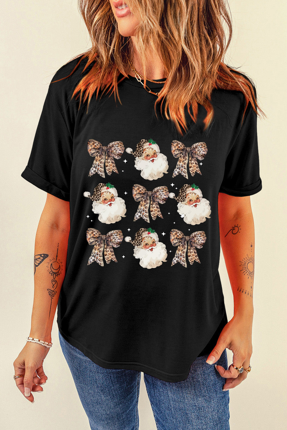 Black Santa Claus Leopard Bow Print Crew Neck Casual T Shirt