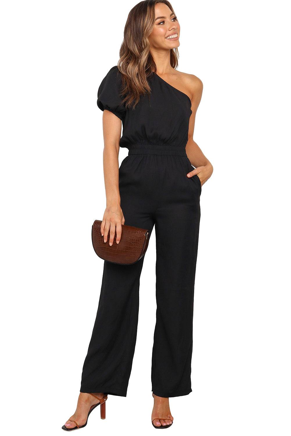 One Shoulder Puff Sleeve Elastic High Waist Jumpsuit