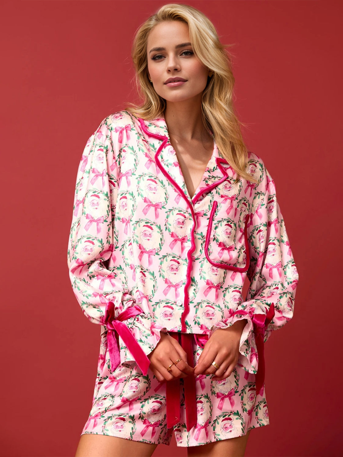 Tied Printed Collared Neck Long Sleeve Pajama Set