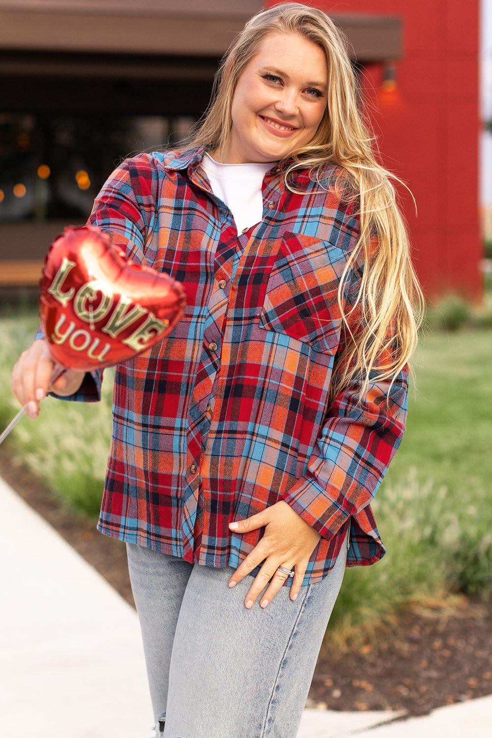 Orange Plaid Print Buttoned Shirt