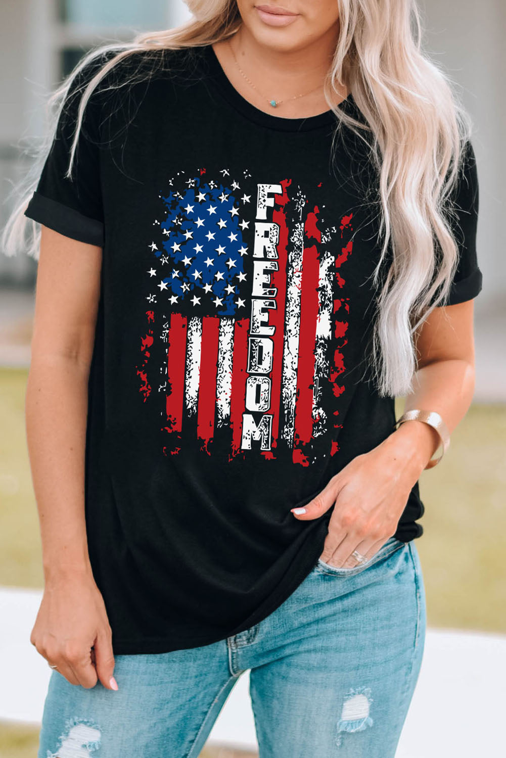 FREEDOM American Flag Print Graphic T Shirt