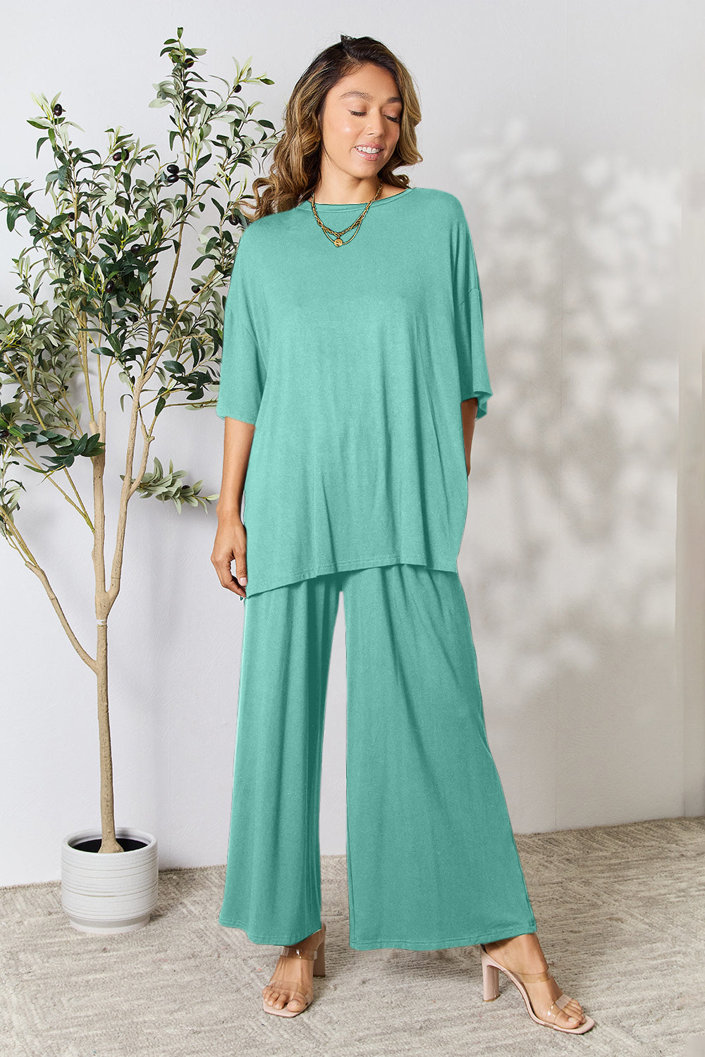 Double Take  Round Neck Slit Top and Pants Set