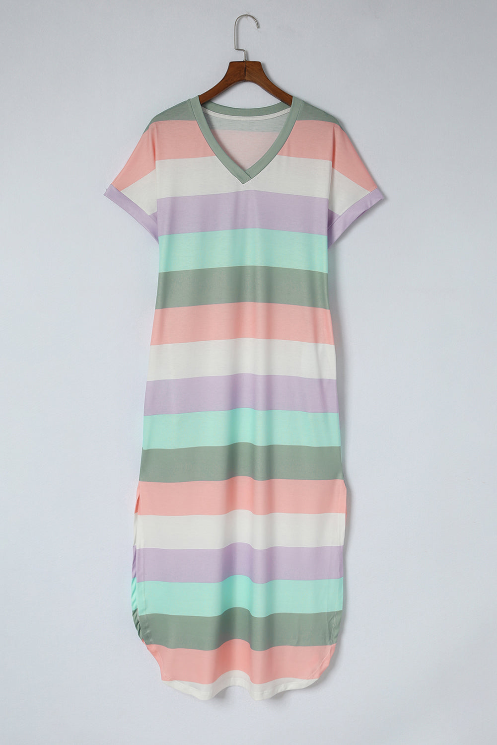 Multicolor Colorblock Pocketed V Neck T-shirt Dress