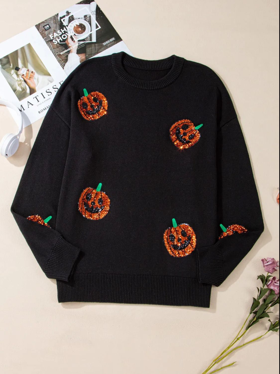 Sequin Pumpkin Round Neck Sweater