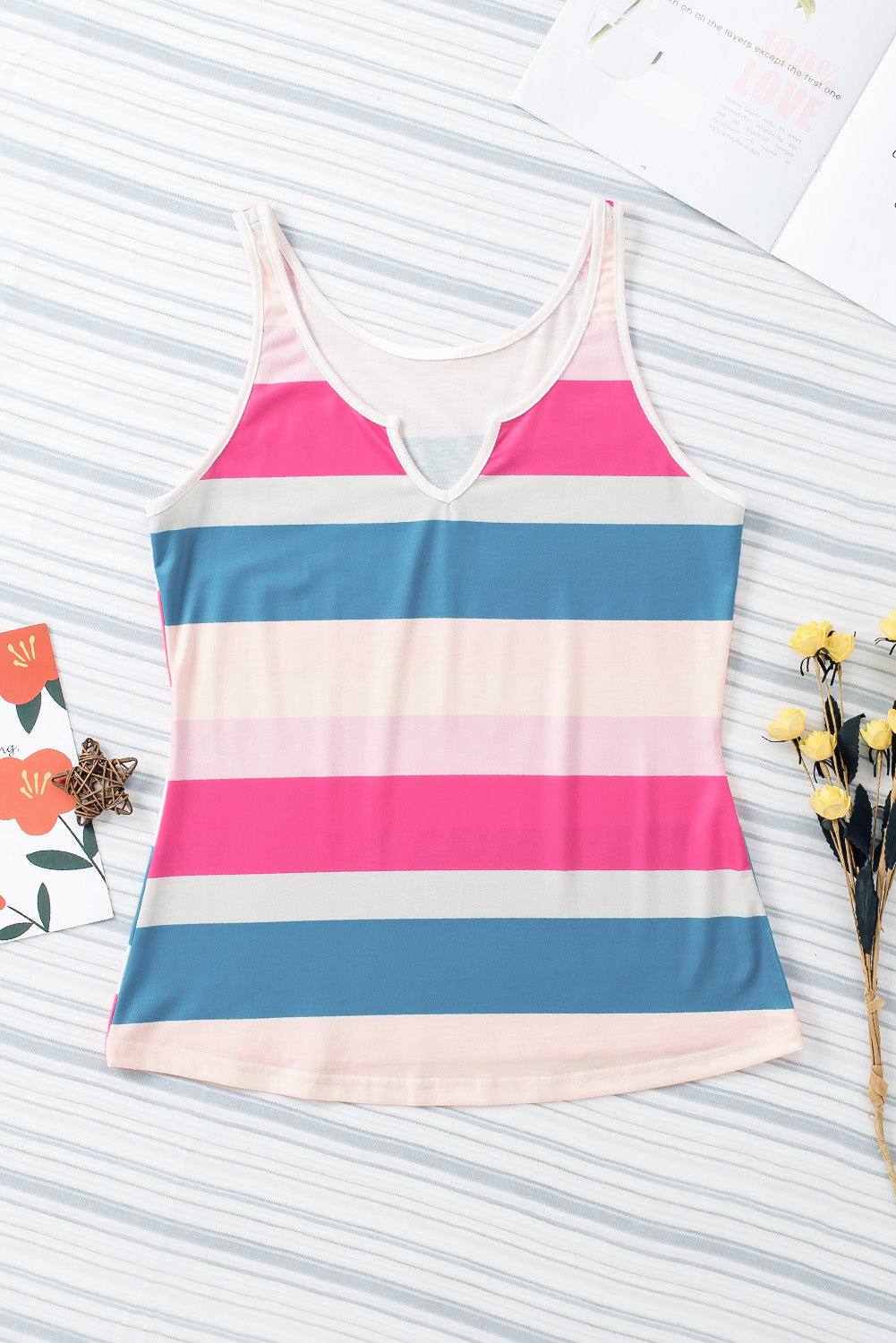 Multicolor Striped Color Block Notched Neck Tank Top