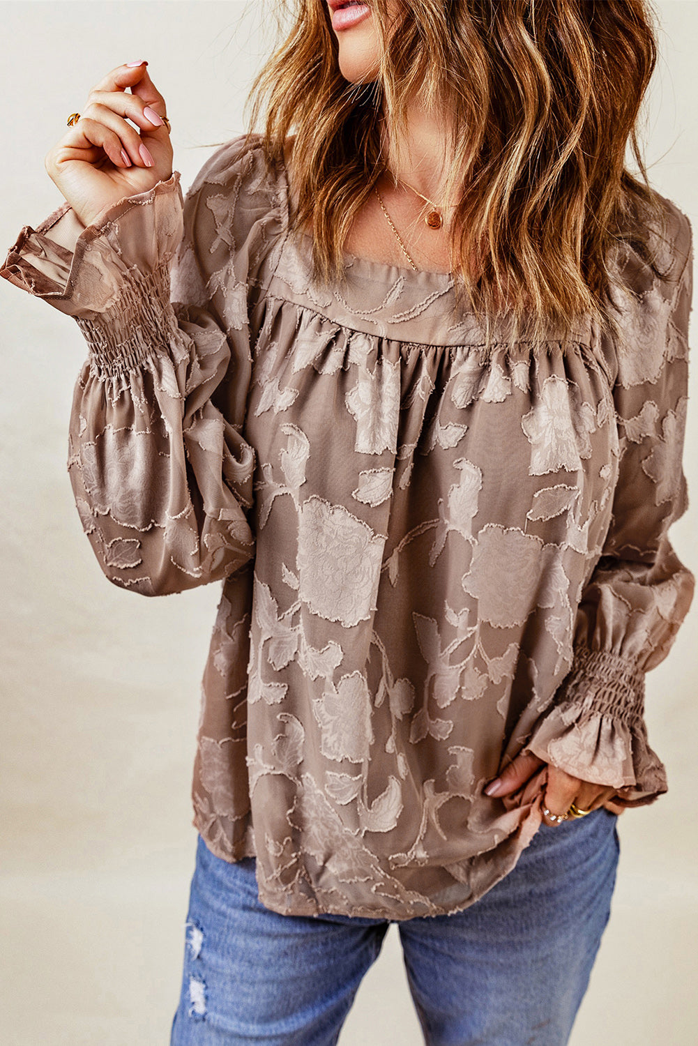 Square Neck Floral Textured Blouse