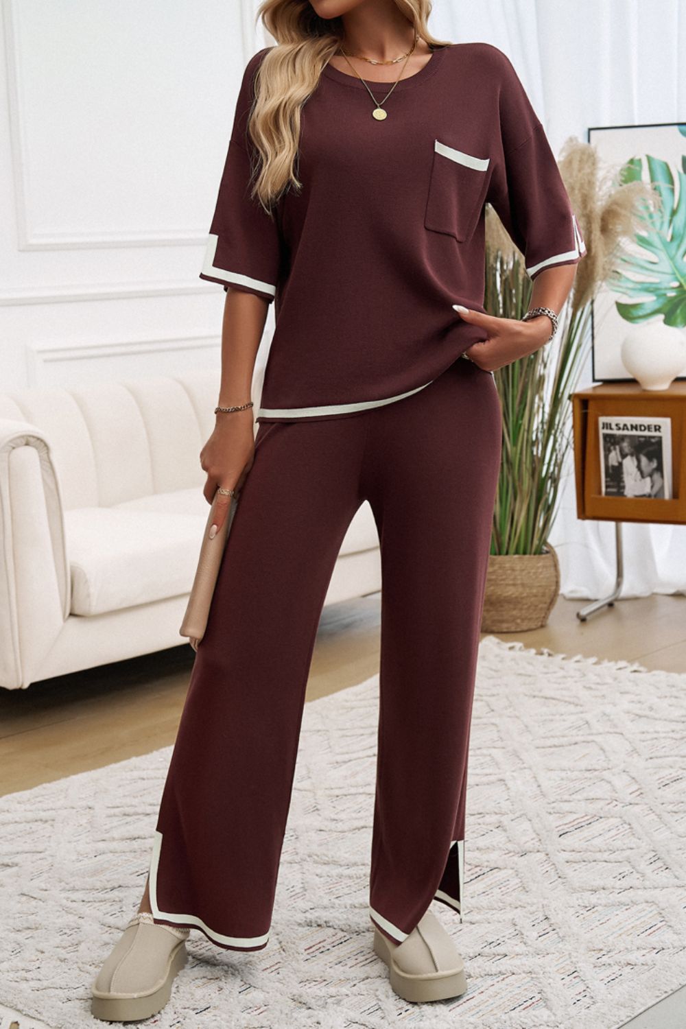 Pocketed Half Sleeve Top and Pants Set