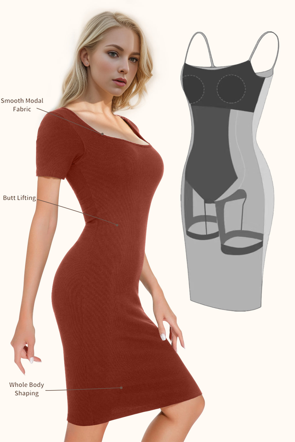 Basic Built-In Shapewear Square Neck Short Sleeve Dress