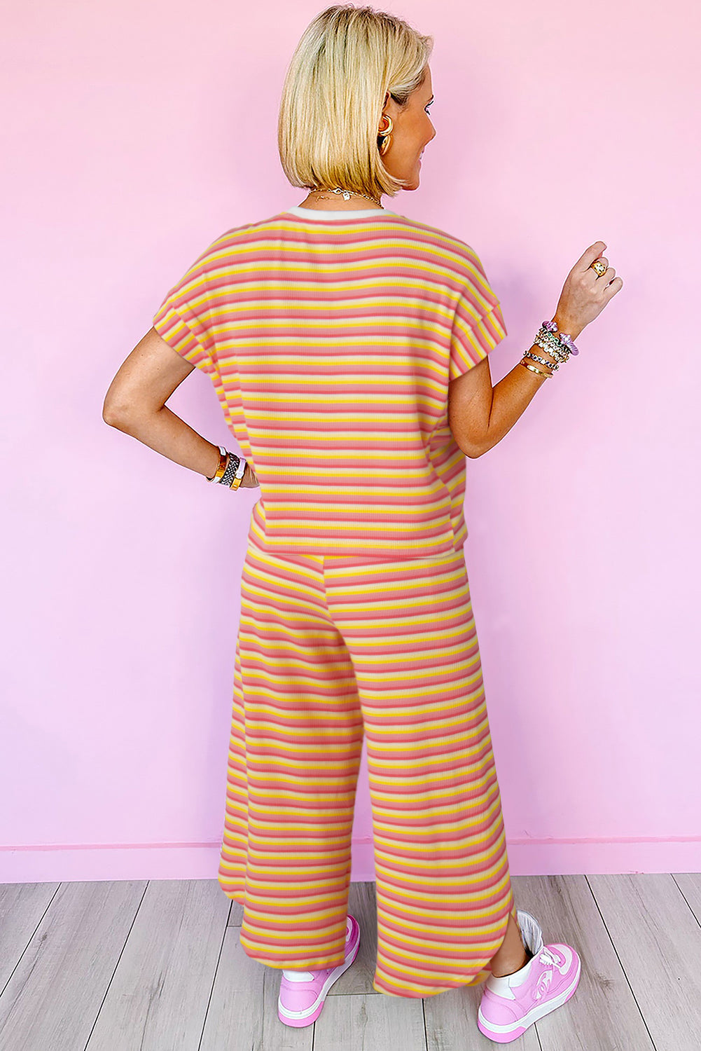 Pink Stripe Rainbow Tee Tasseled String Wide Leg Pants Set