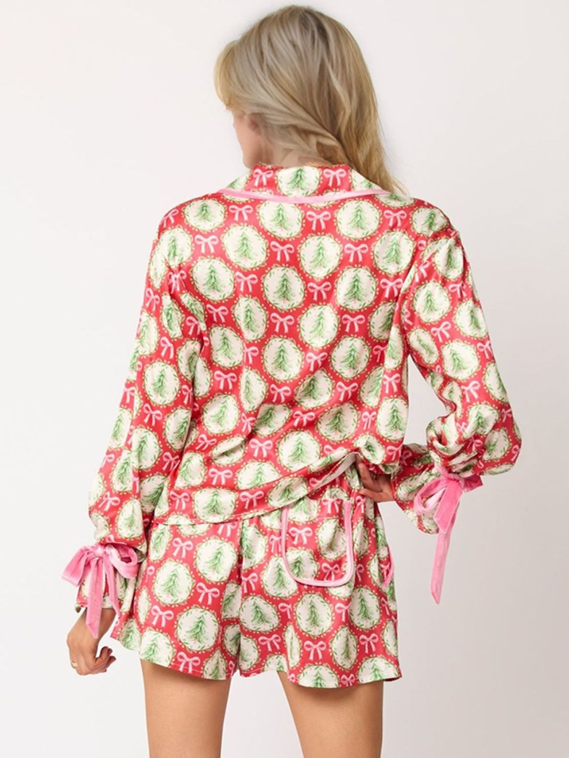 Tied Printed Collared Neck Long Sleeve Pajama Set