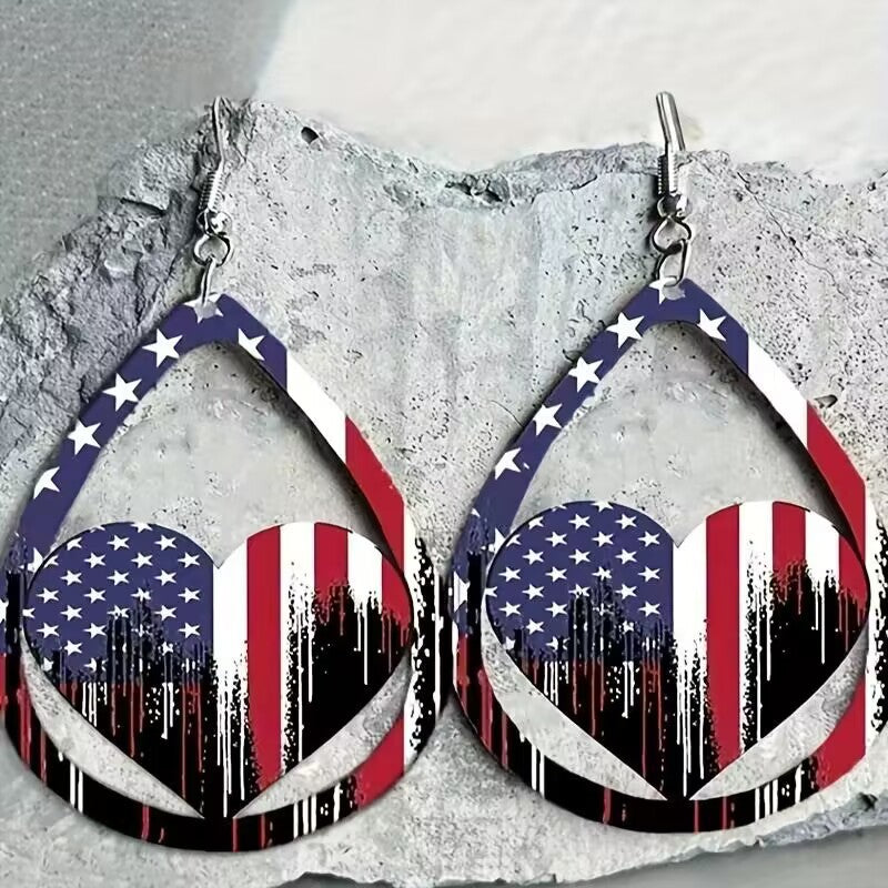 US Flag Wooden Earrings