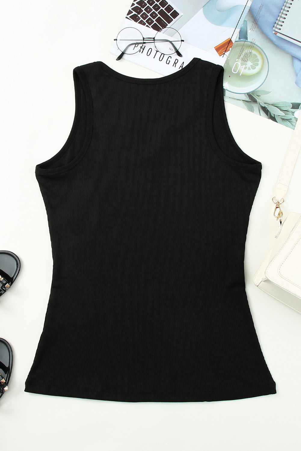 Split Neck Ribbed Knit Tank Top