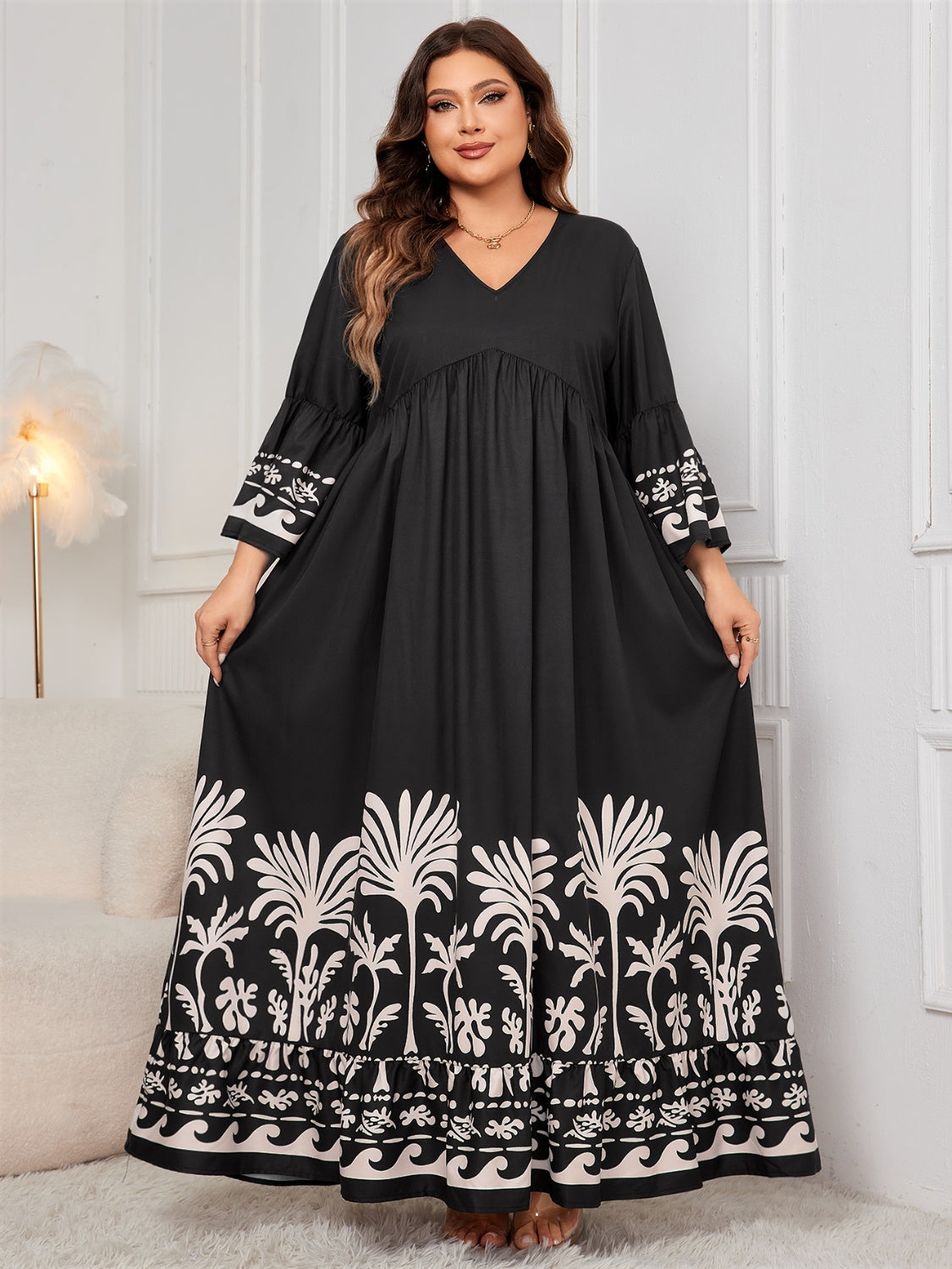 Printed V-Neck Long Sleeve Maxi Dress