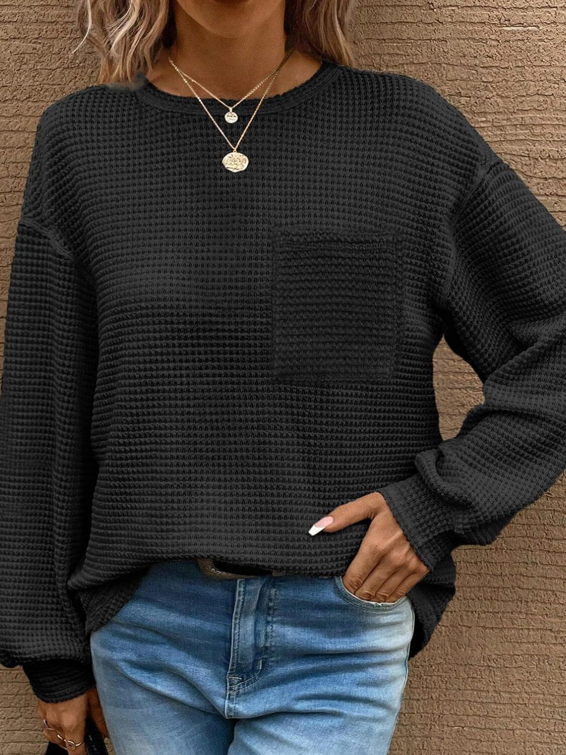 Waffle Knit Long Sleeve T-Shirt