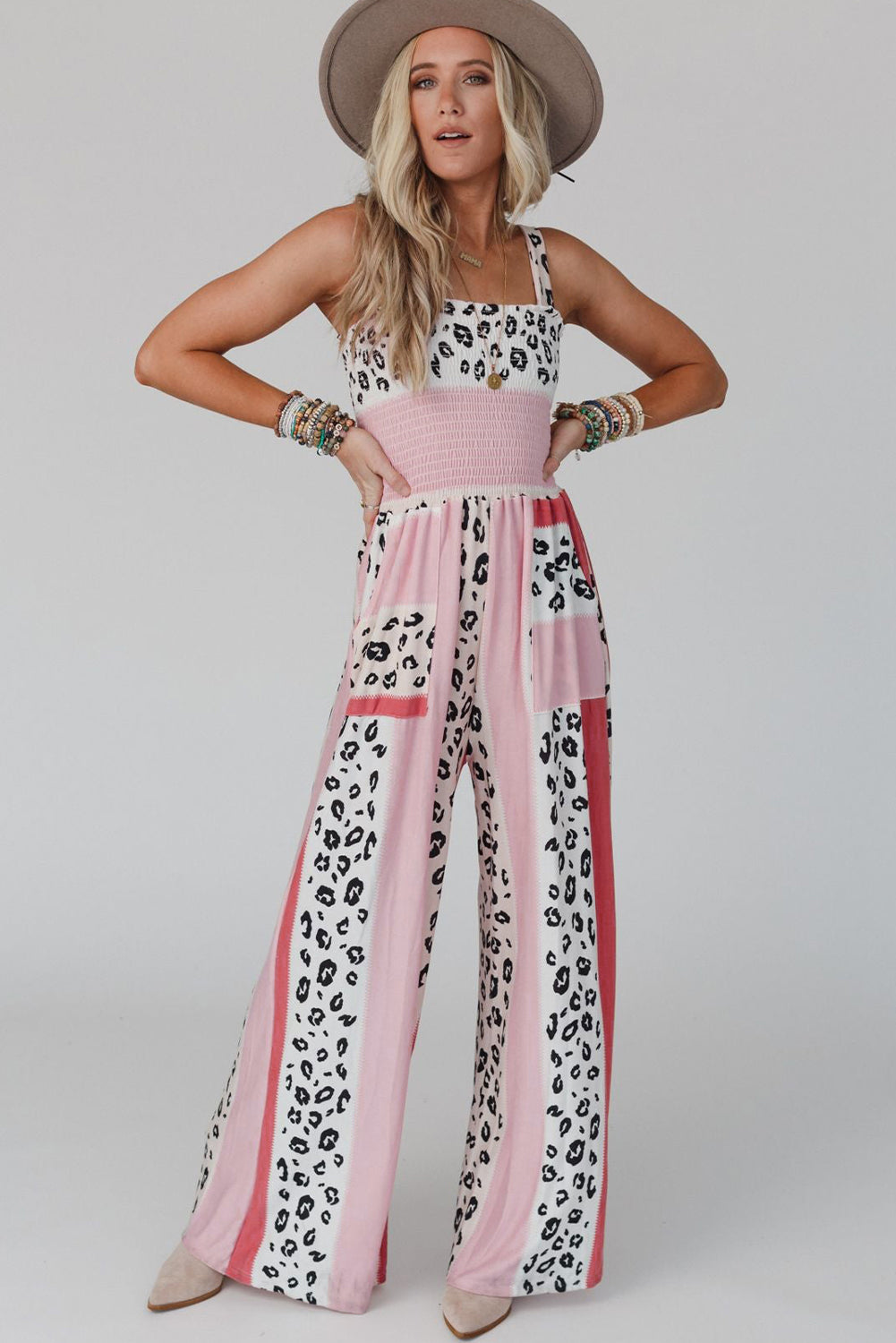 Leopard Color Block Mix Print Pocketed Jumpsuit