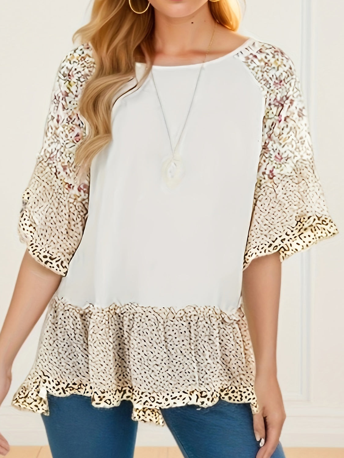 Frill Printed Round Neck Half Sleeve Blouse