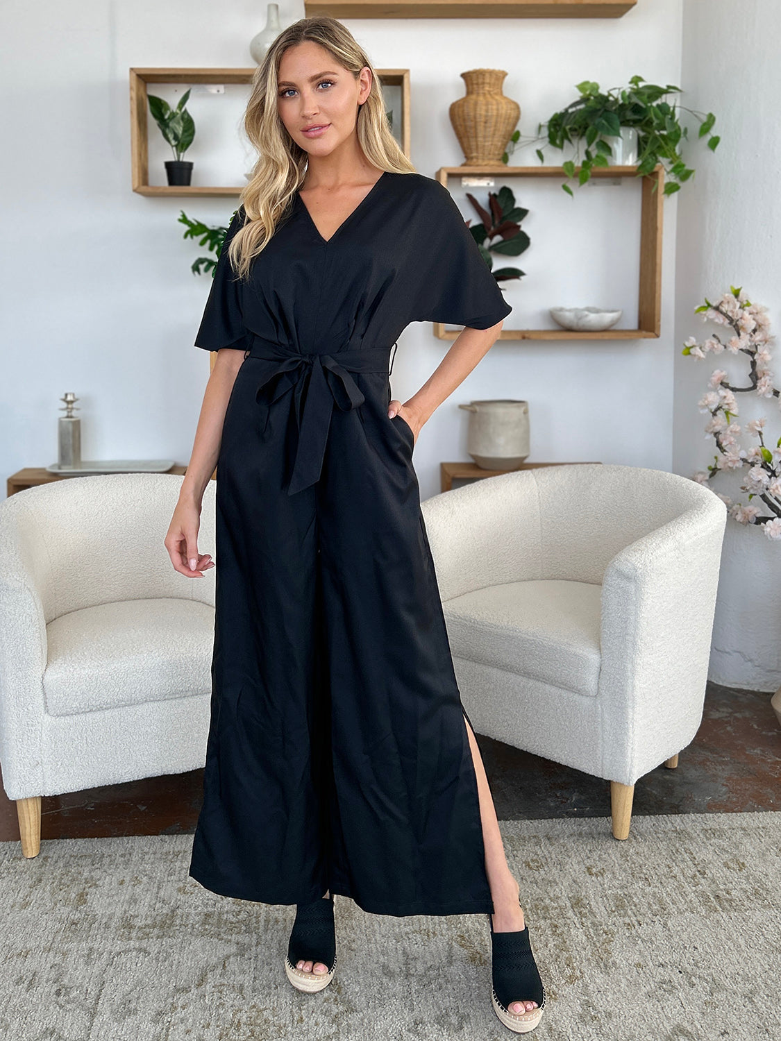 V-Neck Tied Side Slit Jumpsuit