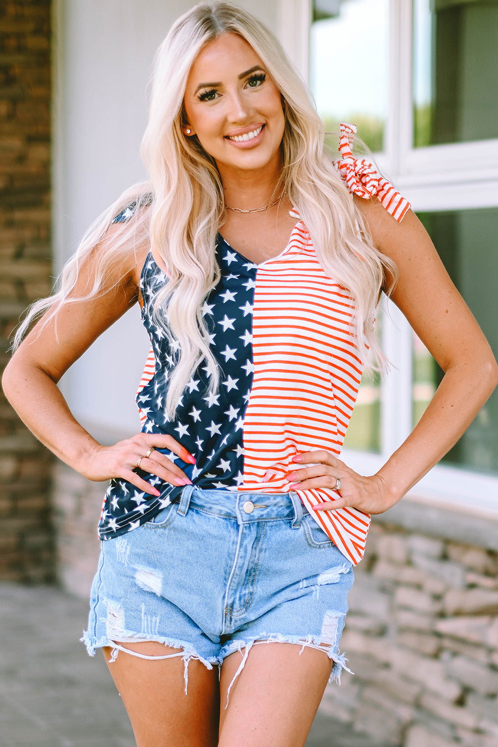 American Flag Color Block Knotted Straps Tank Top