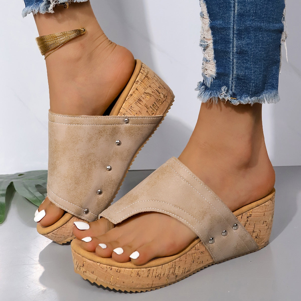 Slip-on Leather Wedge Sandals