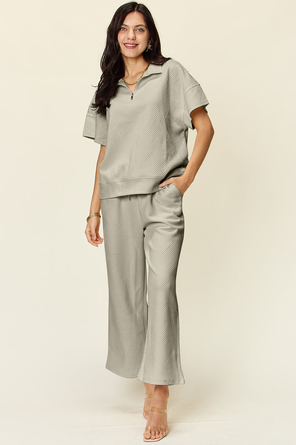 Double Texture Half Zip Short Sleeve Top and Pants Set