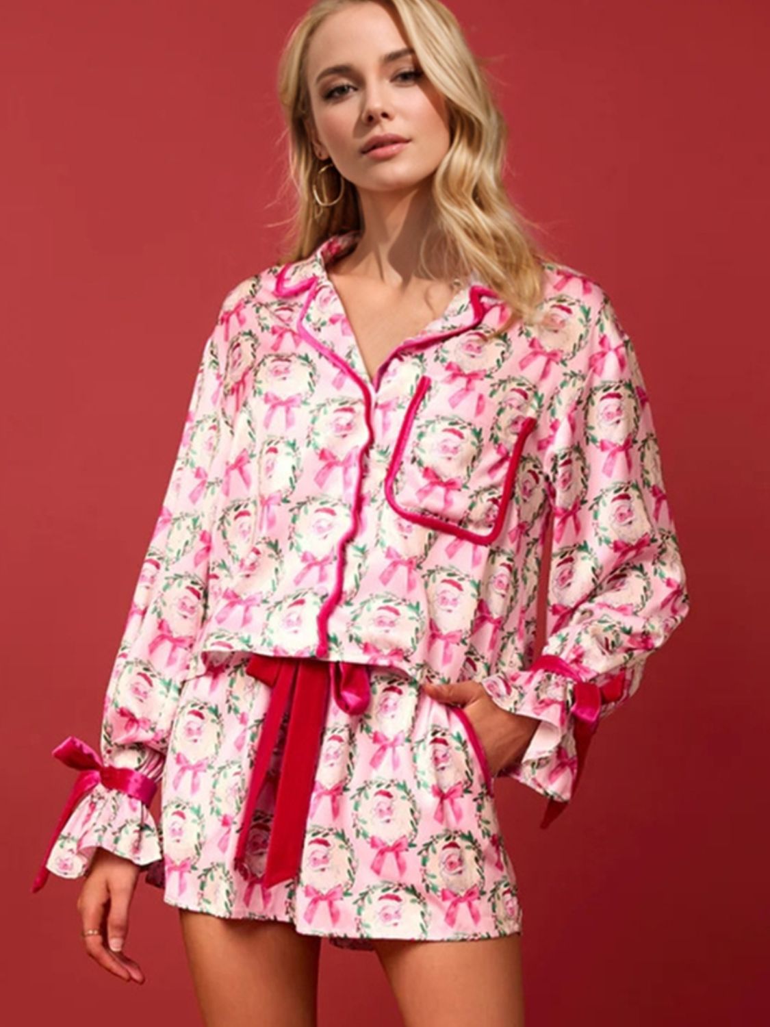 Tied Printed Collared Neck Long Sleeve Pajama Set