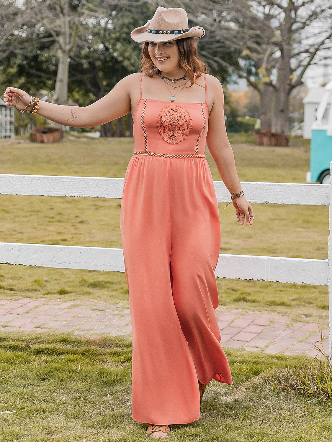 Plus Size Lace Detail Spaghetti Strap Wide Leg Jumpsuit