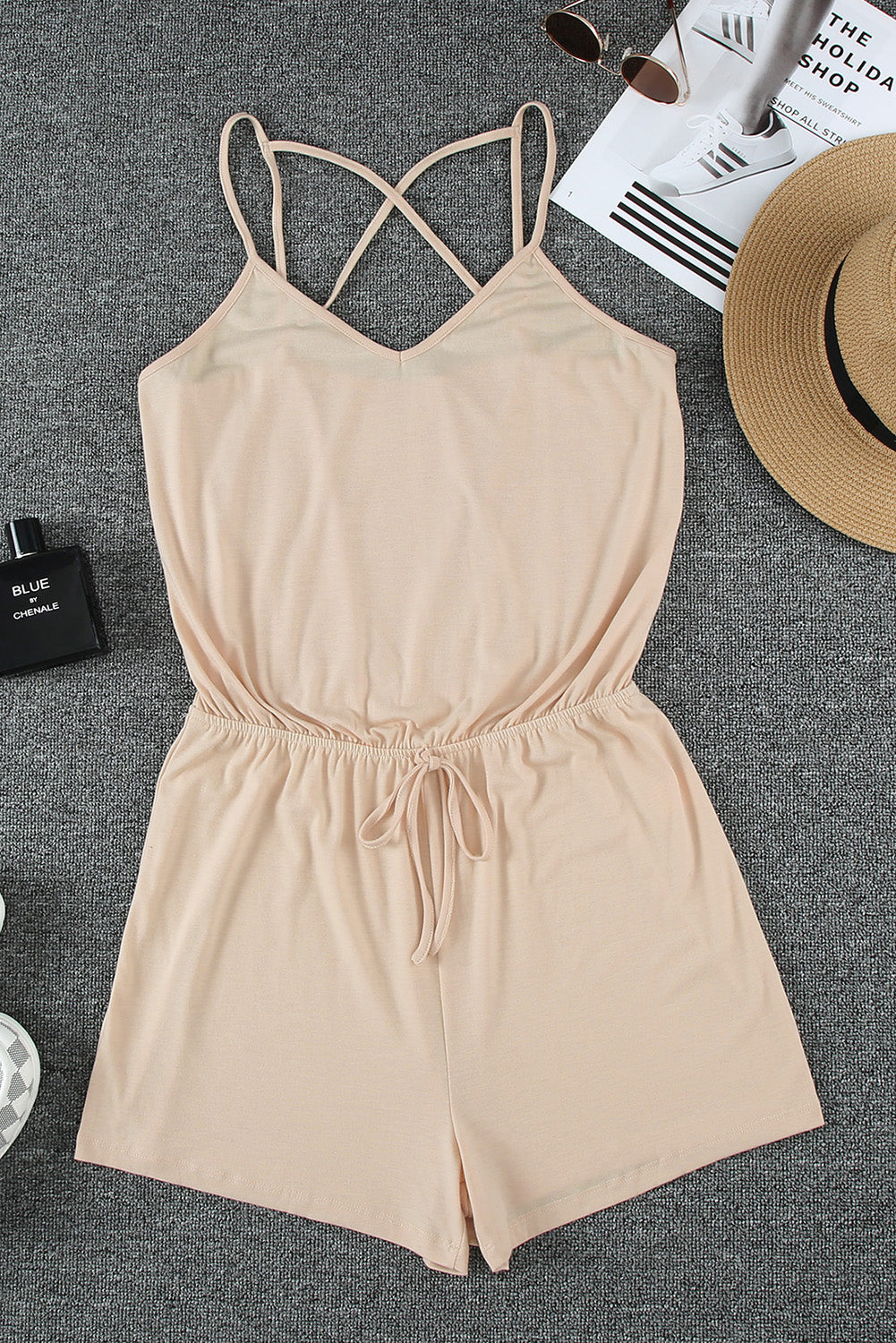 Khaki Spaghetti Straps V Neck Crisscross Back Romper