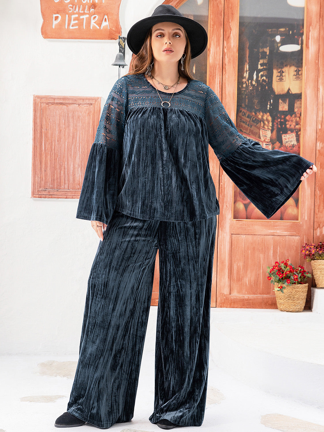 Round Neck Flare Sleeve Top and Pants Set