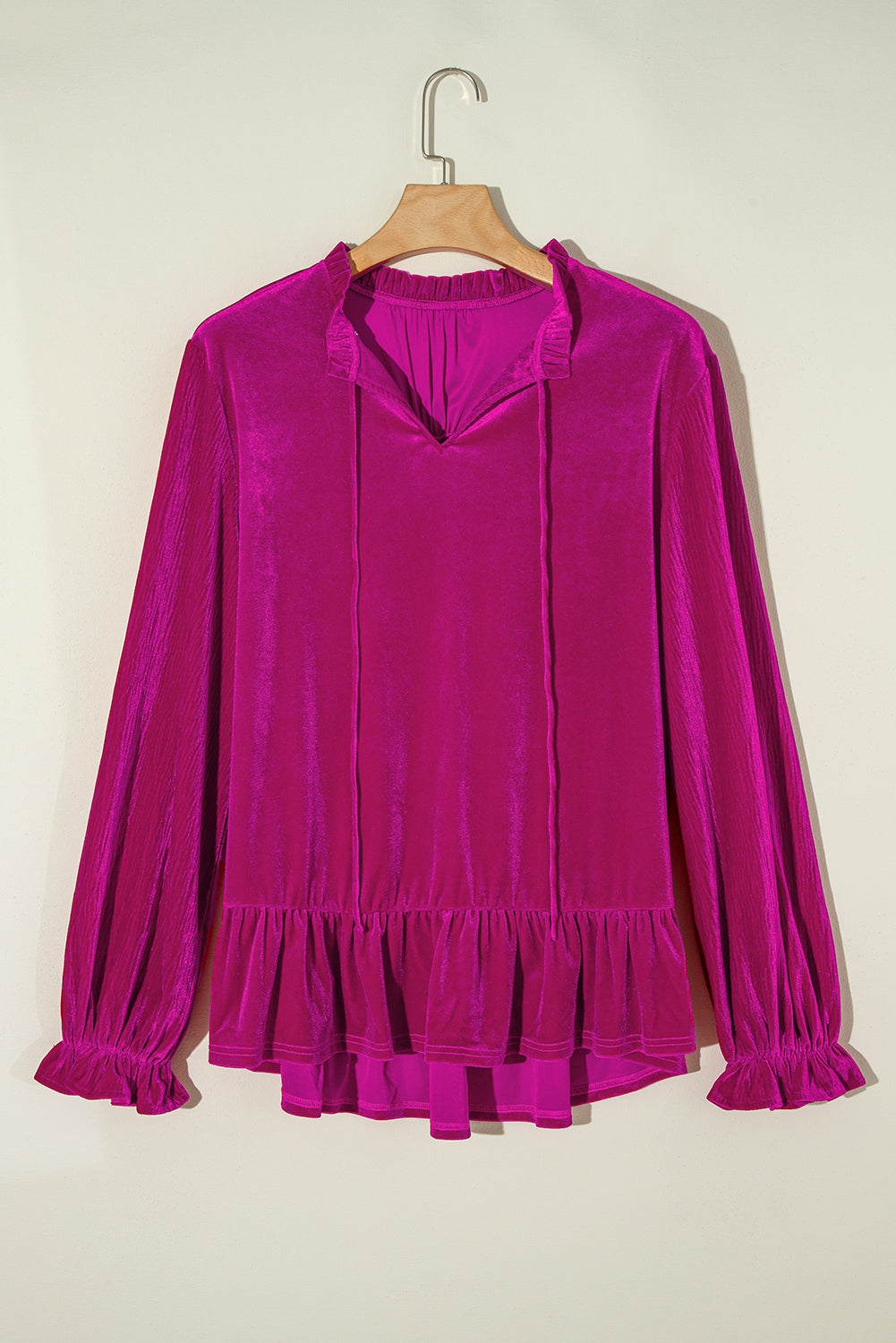 Bright Pink Ruffled Sleeve V Neck Velvet Blouse