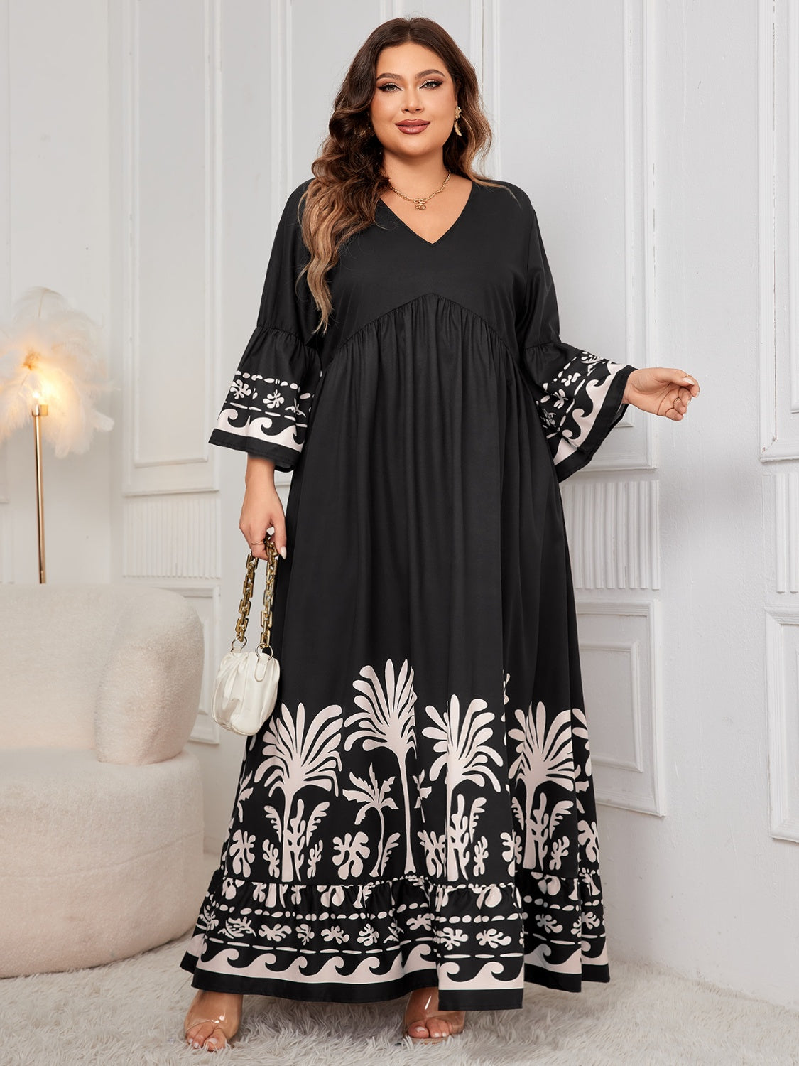 Printed V-Neck Long Sleeve Maxi Dress