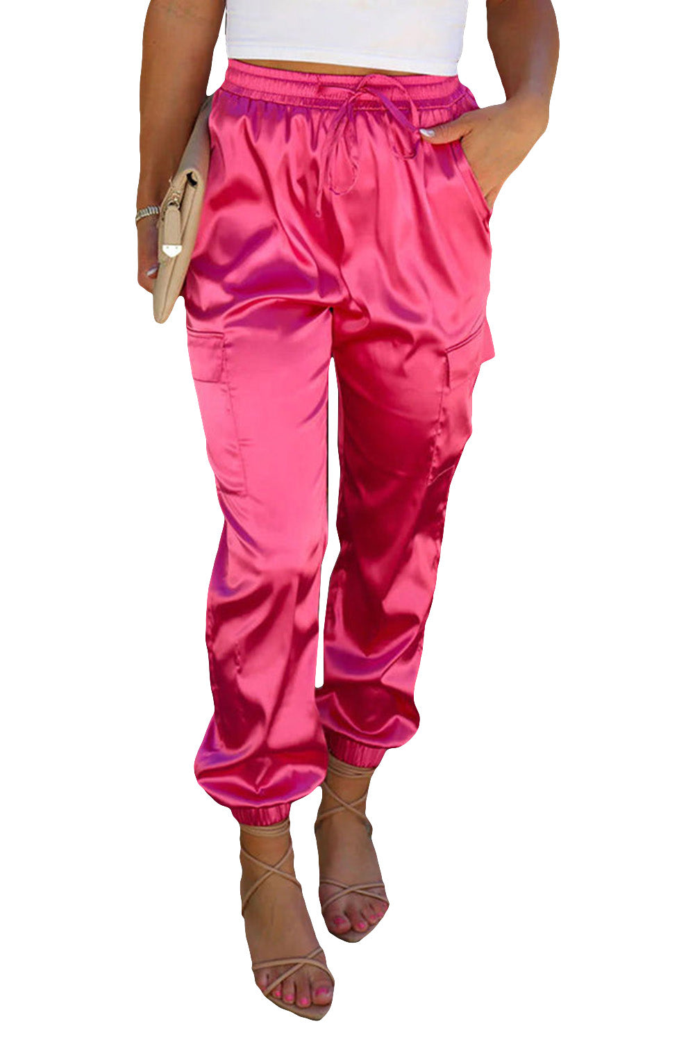 Satin Pocketed Drawstring Elastic Waist Pants