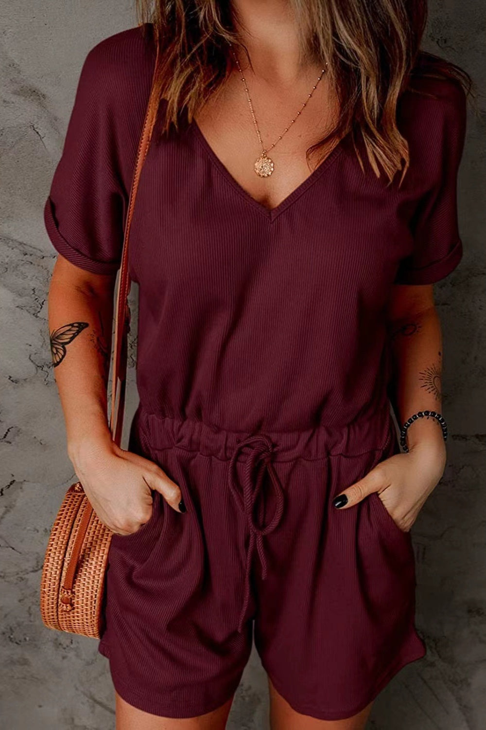 Drawstring V-Neck Short Sleeve Romper