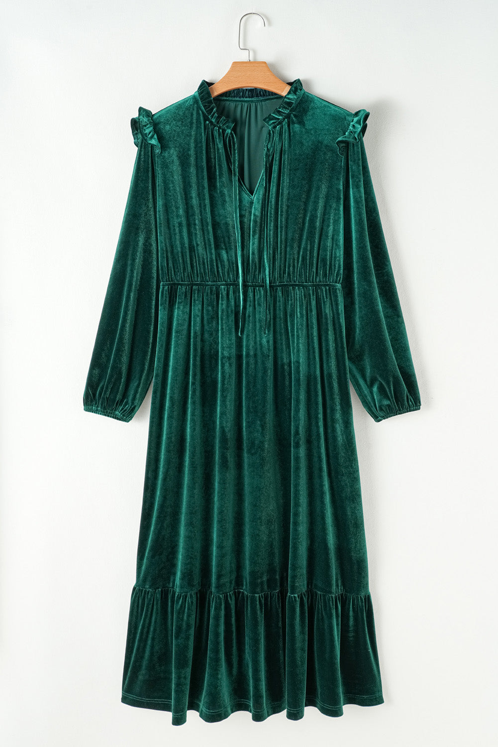 Green Velvet Frille Neck Ruffled Midi Dress