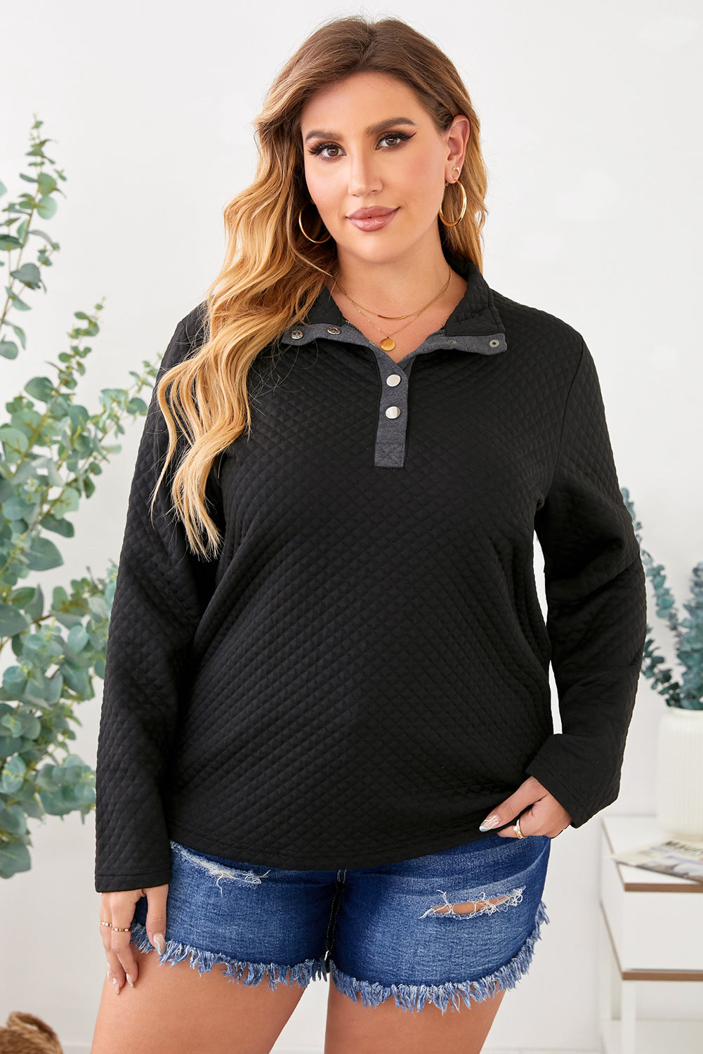 Black Quilted Button Up Henley Sweatshirt